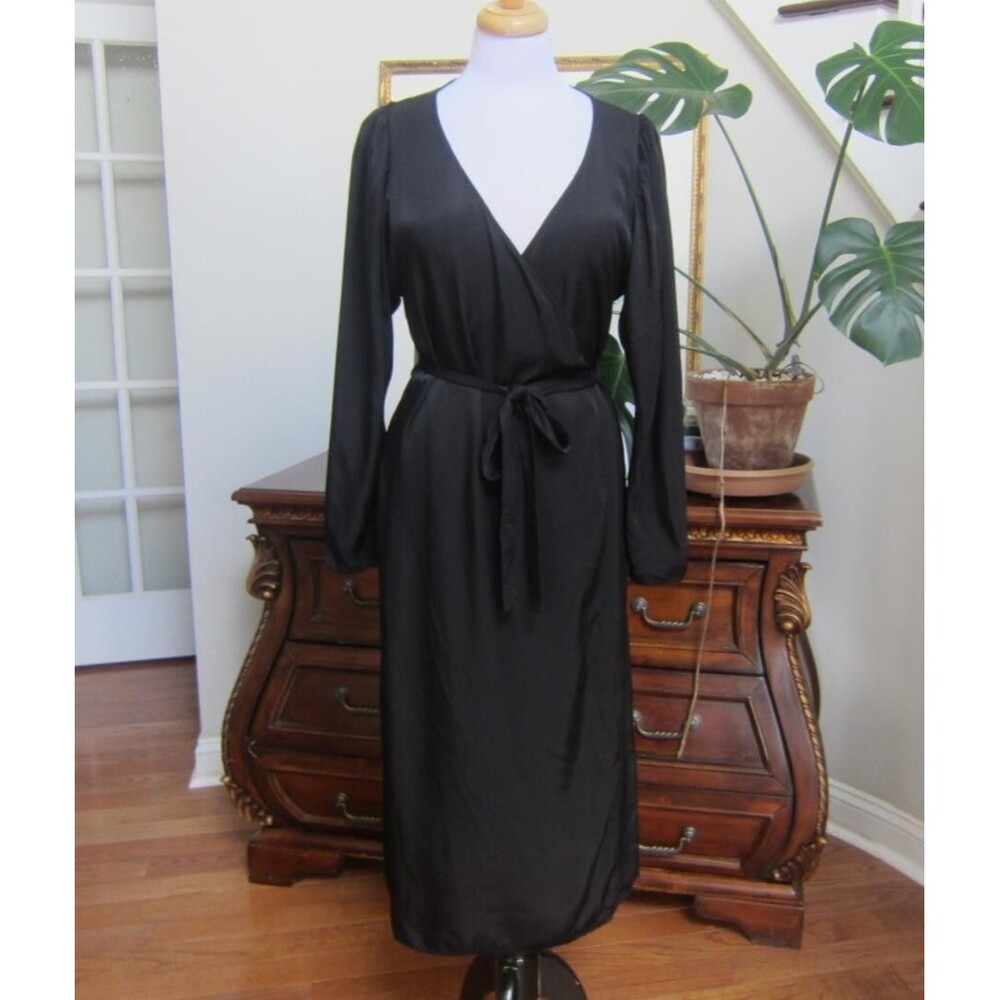 STOCKHOLM ATELIER & OTHER STORIES Black Satin Wrap Midi Dress Size 10 US